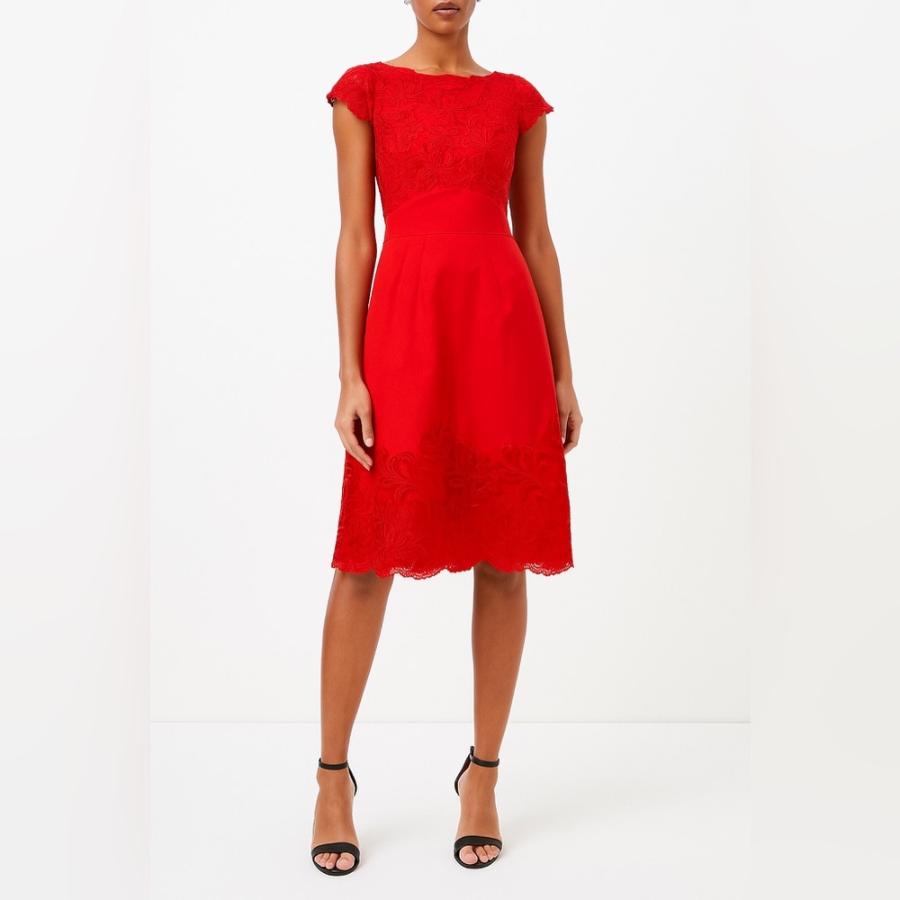 Karen Millen Red Lace Scalloped Sleeve Cocktail Dress Size 6 Party Wedding